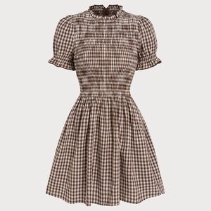 NWT Rihoas Brown Gingham Puffed Sleeve Mini Dress - Size S